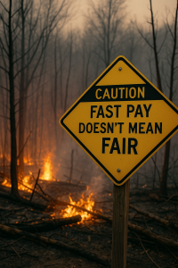 Yellow caution sign reading “Fast Pay Doesn’t Mean Fair” standing amid a burned forest after a wildfire, symbolizing risks facing Eaton Fire survivors.