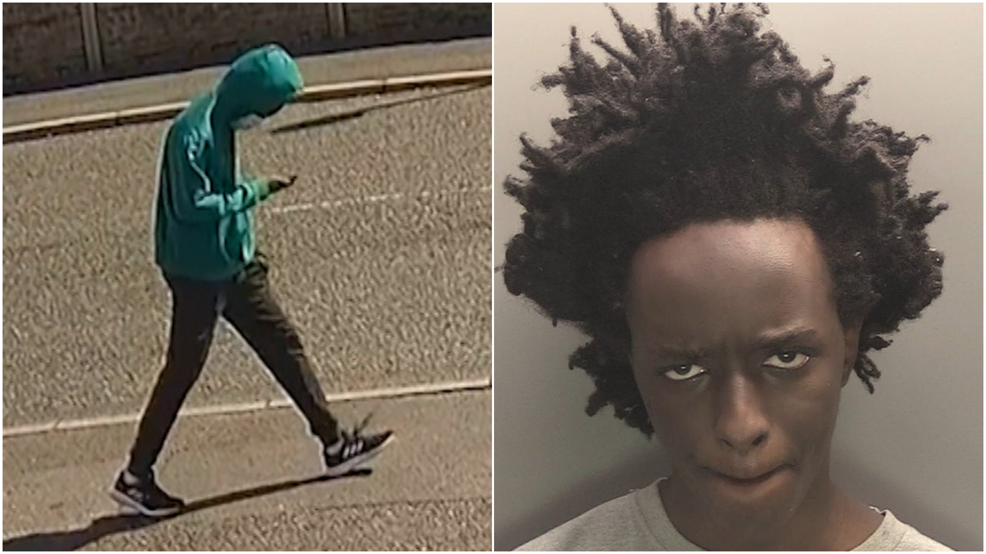 CCTV still and police custody image of the Southport killer, shown walking in a green hoodie before the Taylor Swift dance class attack in July 2024.