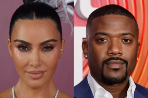 Kim Kardashian and Ray J pictured in separate press photos, shown side-by-side in a split image.