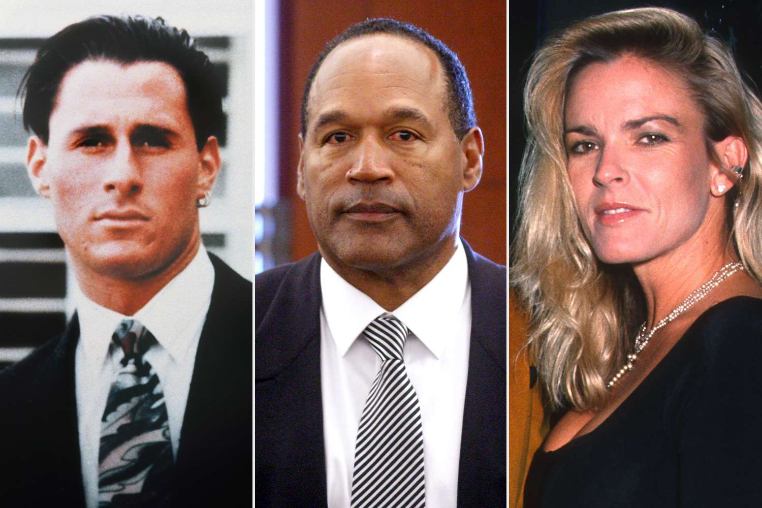 Ron Goldman, O.J. Simpson, and Nicole Brown Simpson in archival photographs placed side by side.