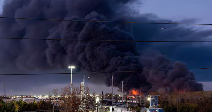 Smoke rises from the wreckage of a UPS MD-11 cargo plane after crashing shortly after takeoff from Louisville Muhammad Ali International Airport in Kentucky.