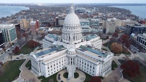 Aerial view of the Wisconsin State Capitol building in Madison, used to illustrate legislative authority and state policymaking.
