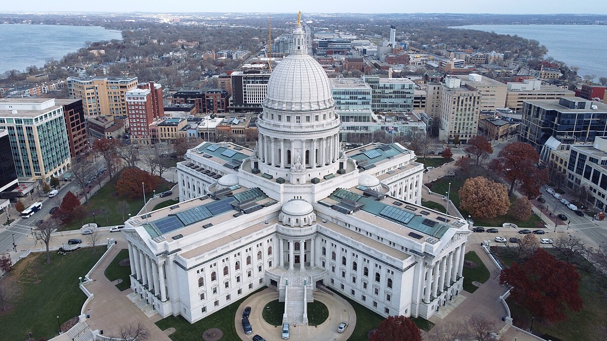 Aerial view of the Wisconsin State Capitol building in Madison, used to illustrate legislative authority and state policymaking.