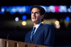 Jack Schlossberg speaks at a political event in New York, announcing his campaign for the U.S. House of Representatives in 2025.