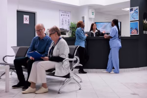Patients waiting in a GP practice reception area during routine appointment hours.