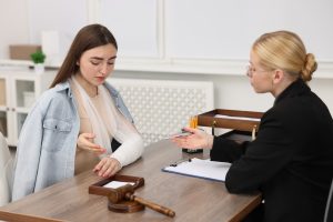 injured woman having meeting with lawyer in office
