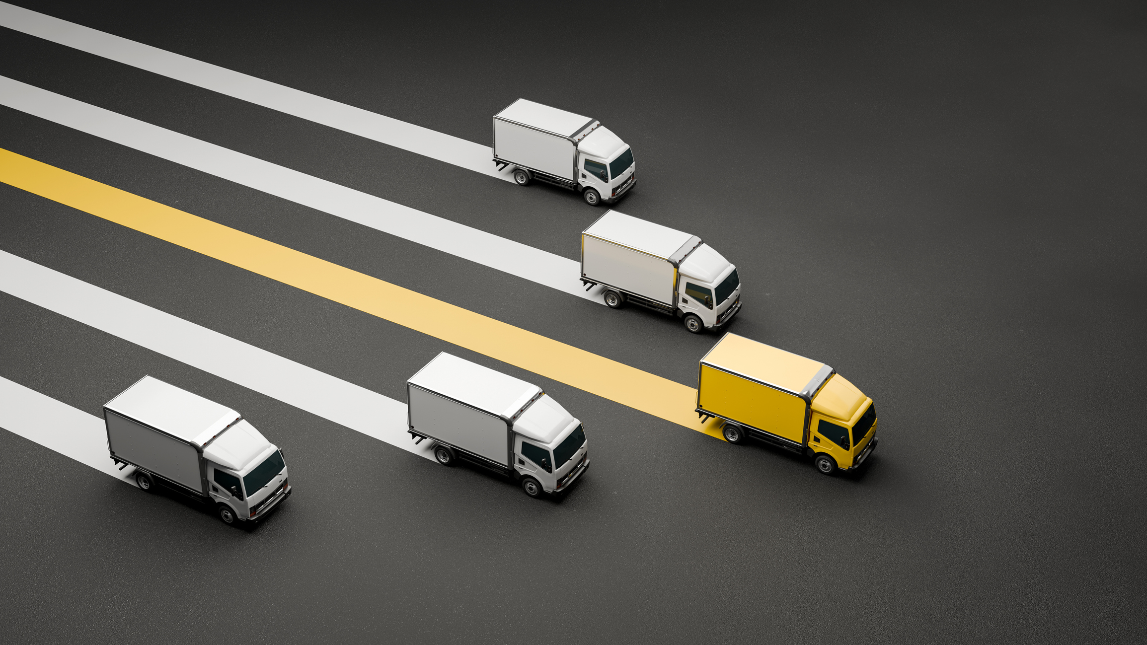 yellow truck leading a fleet transport leadership, delivery race, logistics strategy, innovation, and competitive advantage, 3d render