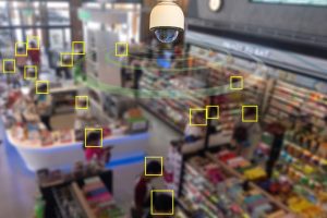 Overhead security camera monitoring a busy retail store, with highlighted detection boxes illustrating surveillance and loss-prevention technology.