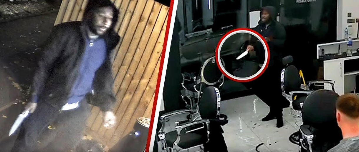 CCTV image showing Anthony Williams holding a knife inside a Peterborough barbershop minutes before the LNER train attack.