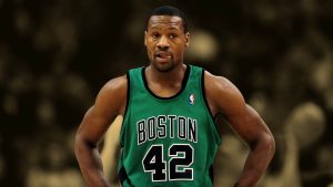 Tony Allen, former Boston Celtics guard, stands on the court wearing his green No. 42 jersey during an NBA game.