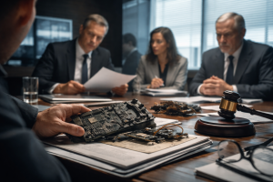 Damaged industrial circuit board with scorched casing and exposed copper wires, connected to bundled machinery cables, blurred warning lights in background.