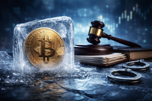 Minimal dark design of a frozen and locked digital crypto wallet interface with blockchain network lines in the background, symbolising account restriction and financial access disruption.