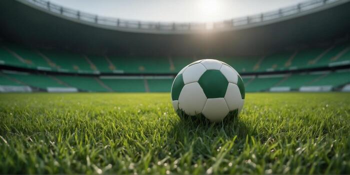 Football on a grass pitch inside an empty stadium