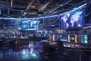 A cybersecurity operations center with analysts monitoring multiple screens displaying AI-driven threat detection dashboards.