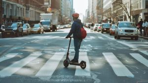 Person riding an electric scooter through a busy city crosswalk with cars approaching from both sides