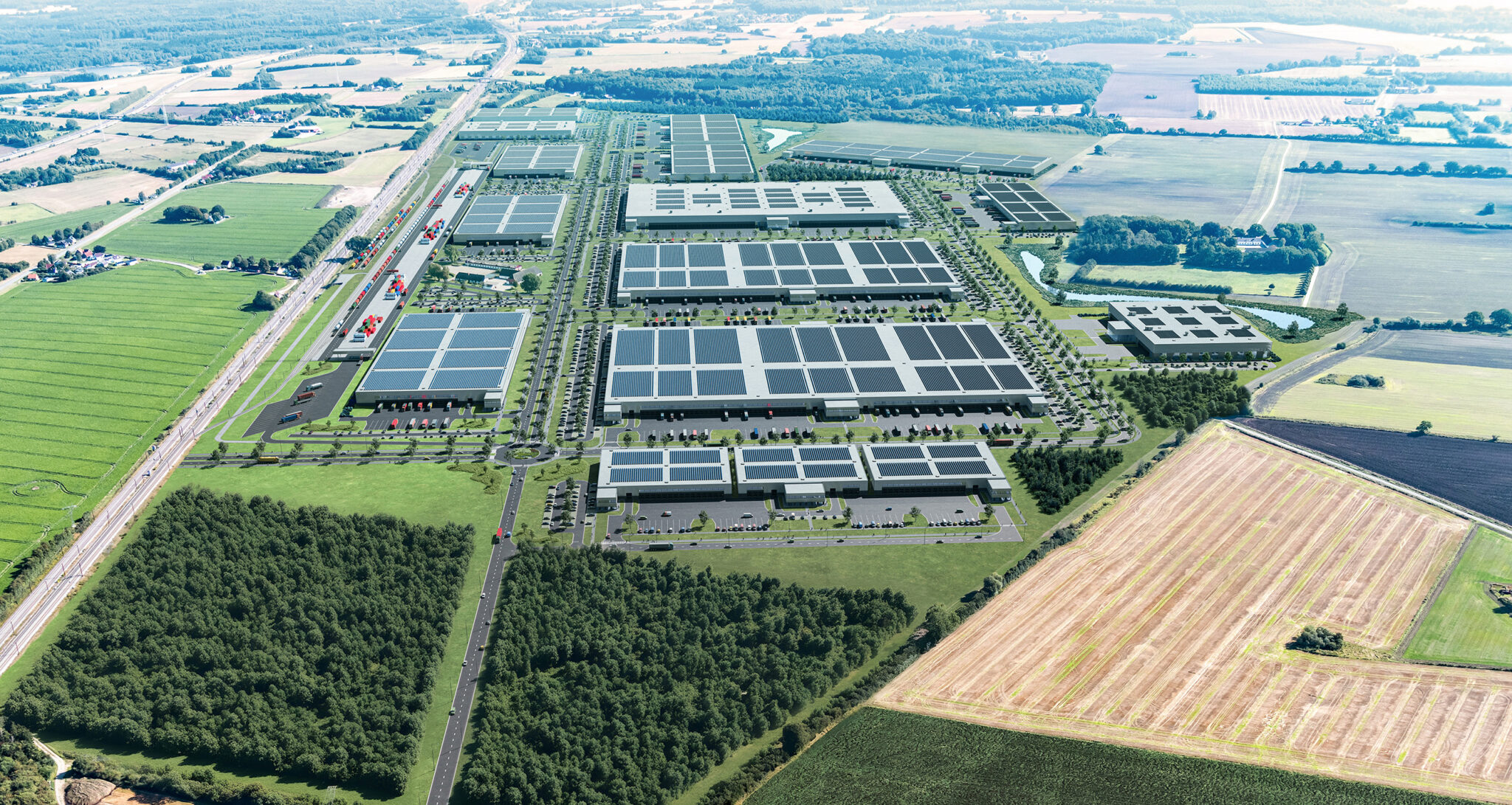 Aerial rendering of the proposed iPort Zealand intermodal freight hub in Ringsted, Denmark.