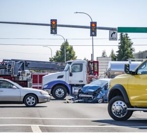 intersection accident involving a car and a big rig semi truck with tank semi trailer