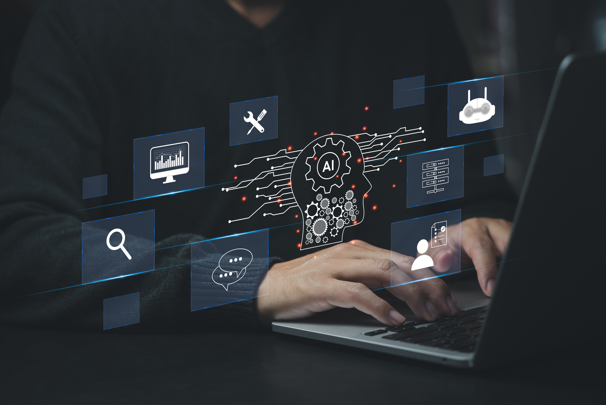 chat with ai or artificial intelligence. digital technology, robot application, openai generate. futuristic technology, man using laptop computer on virtual screen.