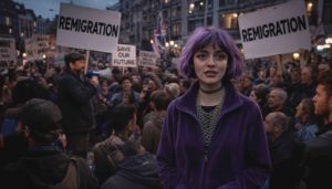AI-generated woman with purple hair standing in a crowded street protest, with &ldquo;Remigration&rdquo; signs visible in the background.