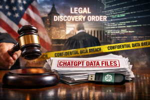 Judge’s gavel over ChatGPT data files with NYC skyline and confidential breach tape, symbolizing federal discovery litigation