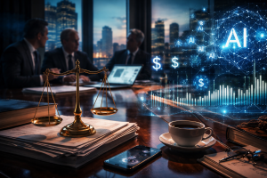 Senior lawyers reviewing AI-audited invoices in a boardroom at twilight, with legal documents and a balance scale symbolizing the Am Law 100 billing and ethics paradox.