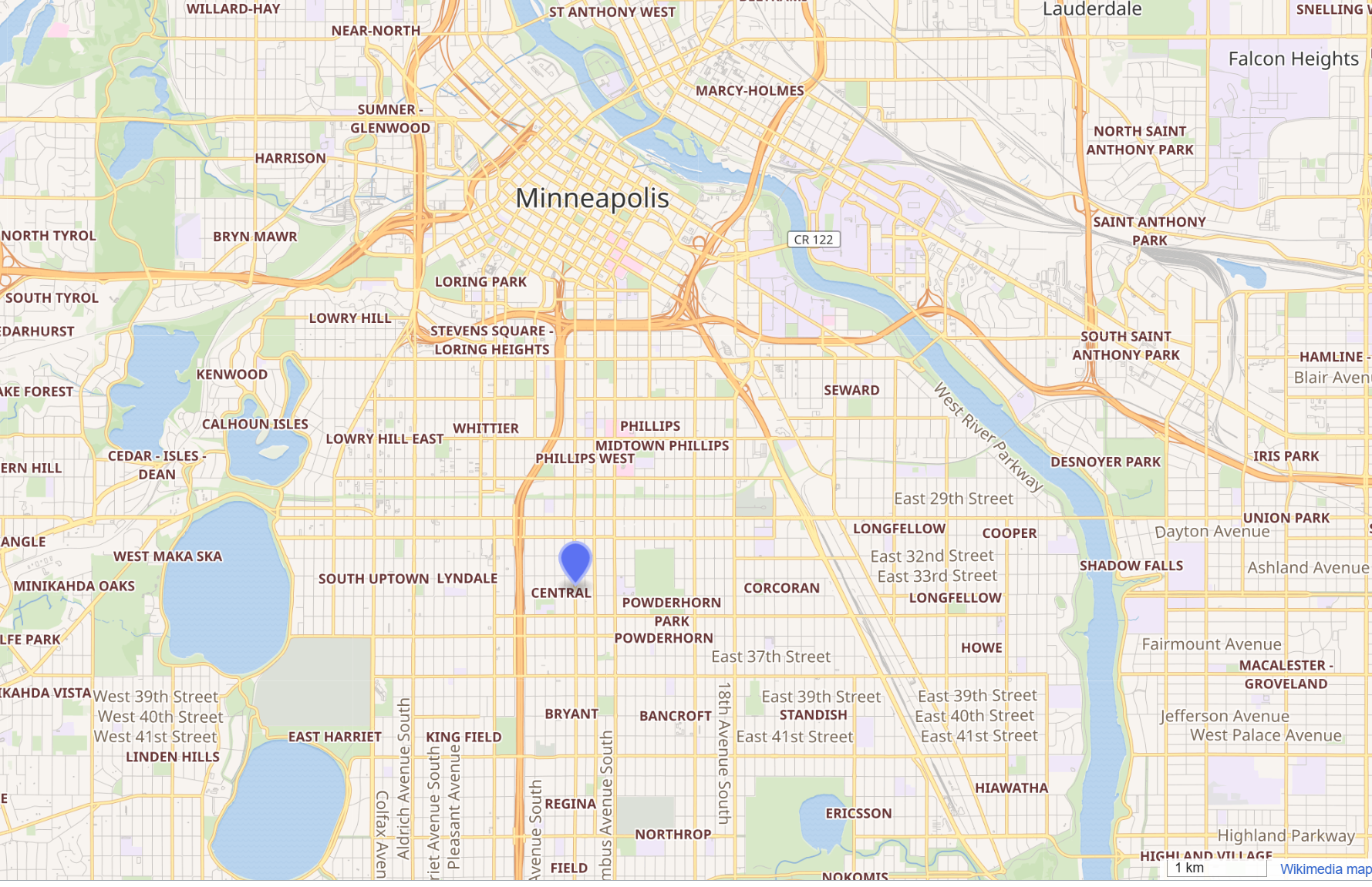 Google Maps view of Portland Avenue South, Central, Minneapolis, Minnesota, showing the location of the ICE street encounter involving U.S. citizen Renee Nicole Macklin Good, now under federal audit and Fourth Amendment review.