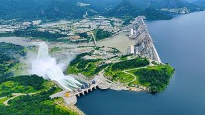 Aerial view of the Grand Ethiopian Renaissance Dam controlling the flow of the Nile River